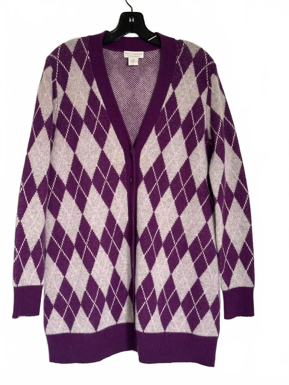 Oats Cashmere by Diana Rosh Women’s 100% Cashmere Argyle Cardigan Button Front M